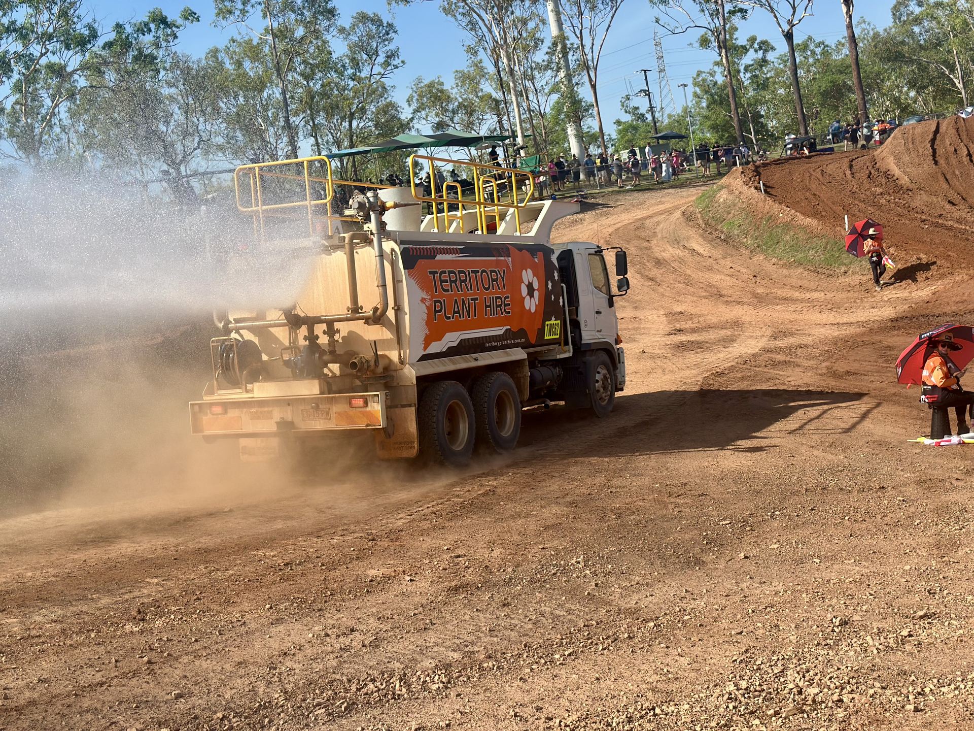 Water truck soaking the Hidden Valley MXGP track to manage moisture and dust in the Darwin heat