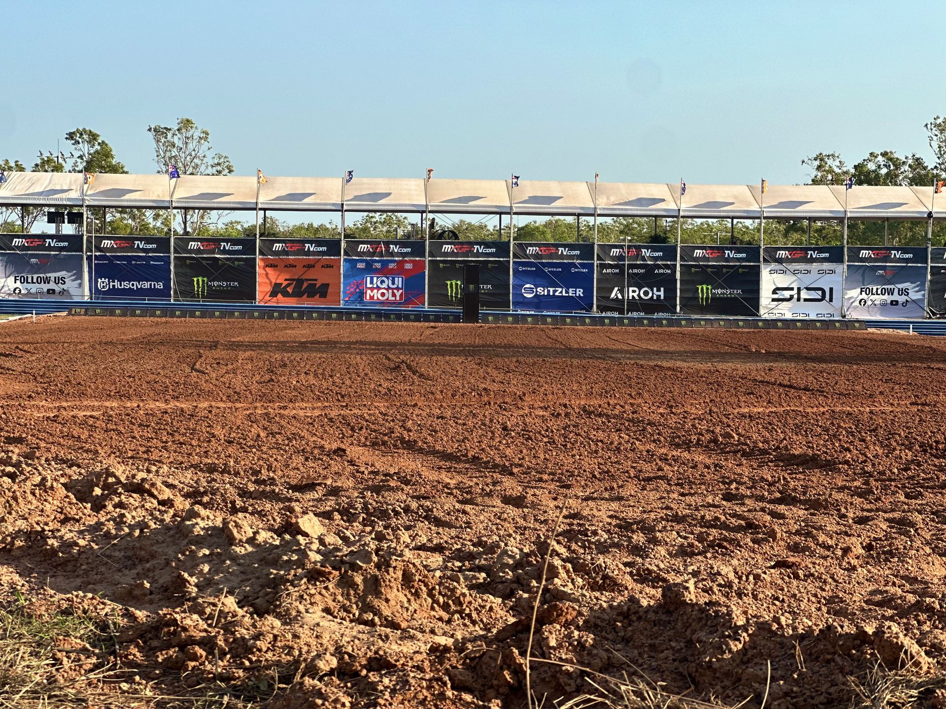 Prepared start area and grandstand at the MXGP Darwin Hidden Valley track Prepared start area and grandstand at the MXGP Darwin Hidden Valley track