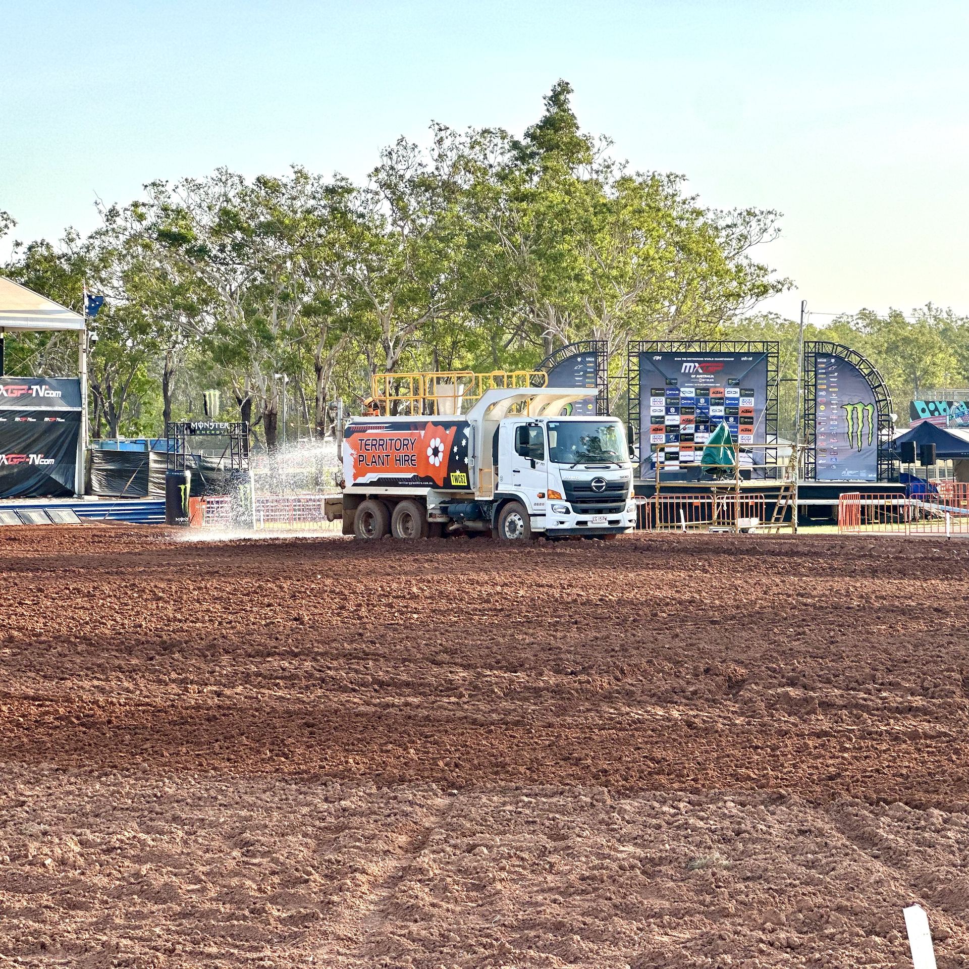 Water truck working the main straight during MXGP Darwin track maintenance Water truck working the main straight during MXGP Darwin track maintenance